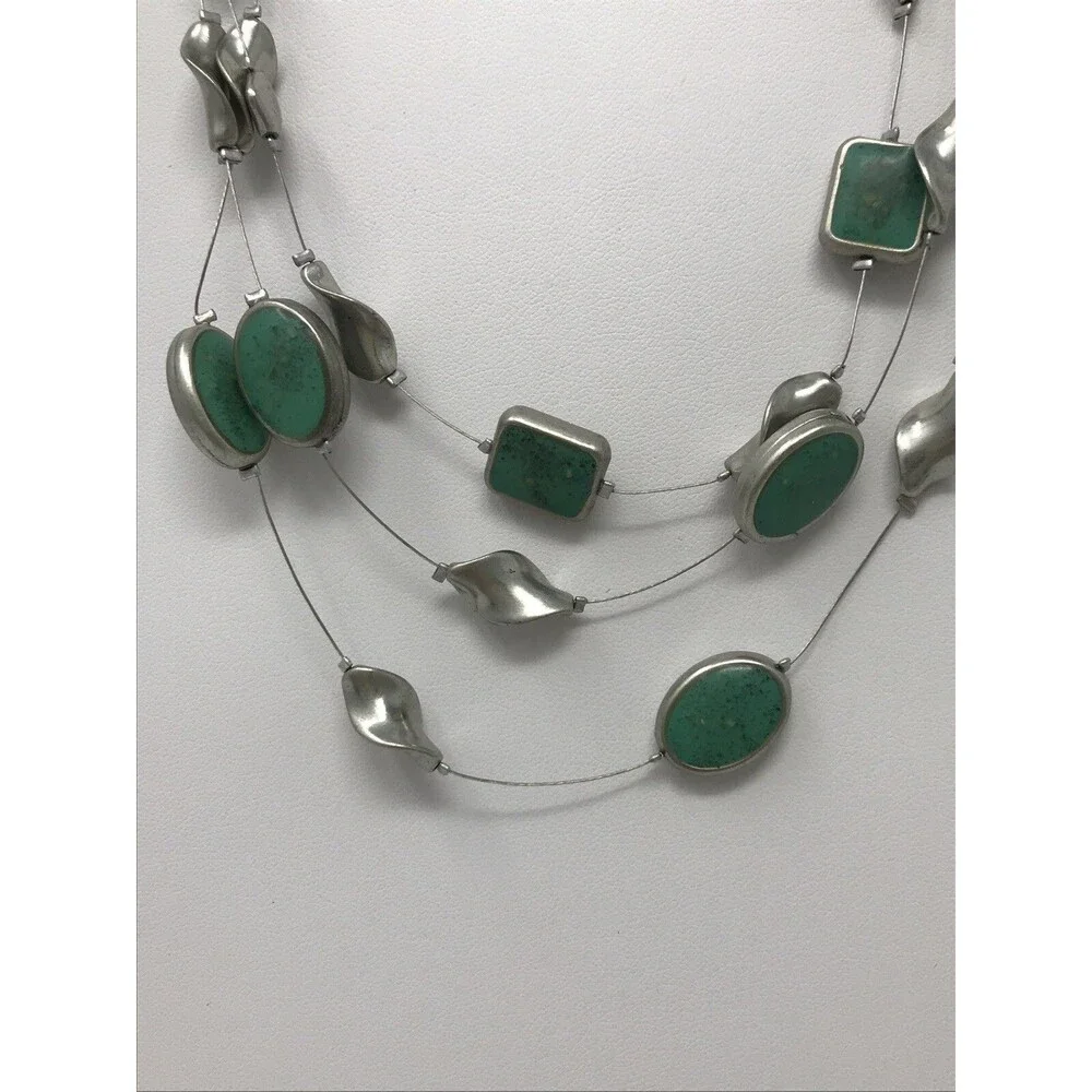 CHICO'S Necklace Greenish Blue Teal Multi Strand Floating Silver Tone